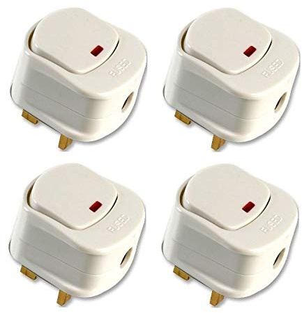 K M Electronics® 4 X 13A 13 AMP Switched Mains Plugs White RED NEON Indicator Light