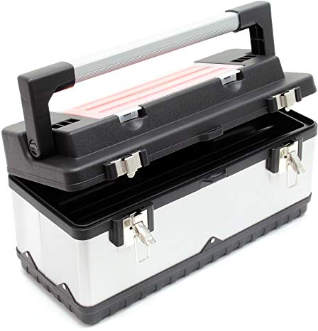 Wiltec Werkzeugkasten 50,5x23,5x25,5 cm aus Edelstahl, Universal Werkzeugkoffer mit Kunststoff-Rahmen, Werkzeugträger und Handgriff, Profi-Werkzeugkiste