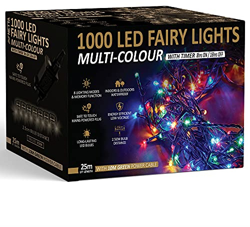 Christmas Tree Lights 1000 LED 25m Multi-Colour - 2.5cm Bulb Distance Fairy String Lights Plug in with Timer and Memory Functions - Suitable for Outdoor/Indoor Use