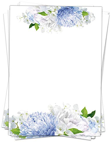 50 Blatt Briefpapier (A4) | Romantische Blumen blau weiss | Motivpapier | edles Design Papier | beidseitig bedruckt | Bastelpapier | 90 g/m²