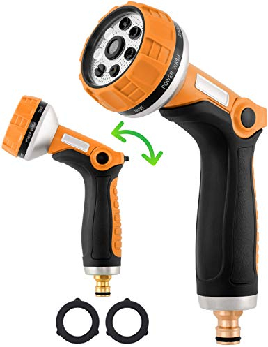 tillvex Garten-Handbrause Premium 10 Funktionen | für alle gängigen Gartenschlauch-Systeme | Gartenbrause | Spritzpistole | Spritzdüse | mit Feststellfunktion | Orange