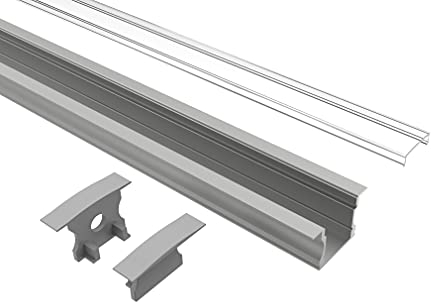 Tivendis Led Alu Profil 2 m EH Komplett Set für Strip/Streifen bis 12 mm breit | Abdeckung transparent klar, Endkappen | Einbau Fußleisten Flachprofil eloxiert