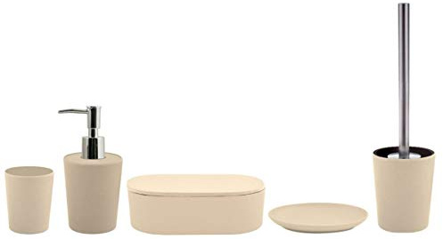 Spirella Badezimmer Set, 5-teiliges Badzubehör aus Bambus Takeo Seifenspender, WC Bürste, Seifenschale, Aufbewahrungsdose und Zahnputzbecher Sand
