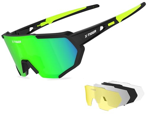 X-TIGER Fahrradbrille, Herren Damen Sportbrille, UV400 mit 5 Wechselgläser,Starker TR90 Frame, mit Montierbarem Brillenband & Ohrhaken, Outdoor-Sport/Radfahren/Laufen/Autofahren/Angeln/Golf