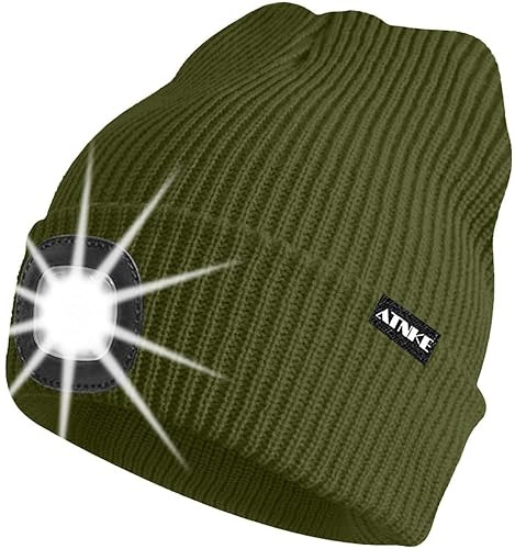 ATNKE Unisex LED-mössa med ljus, USB uppladdningsbar 4 LED-ljus löparkeps superljus vinter varm stickad mössa presenter till herr och dam, Militärgrön, one size