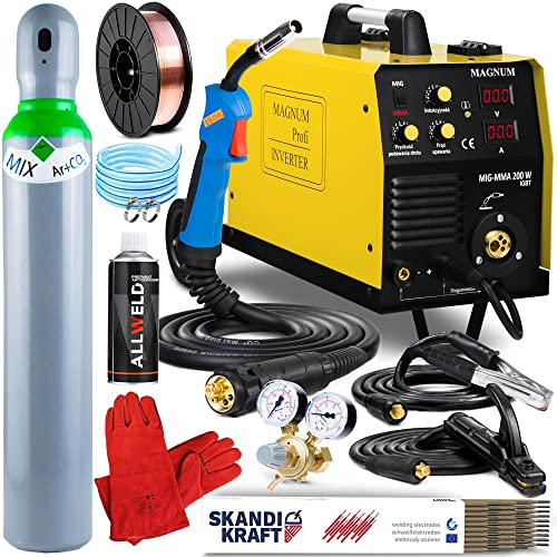 MAGNUM MIG-MMA 200W - 180A Inverter MIG MAG Schweißgerät mit Schutzgas und Fülldraht - Multi Schweißgerät mit Fahrwerk - Elektroden Schweißgerät (MMA) und Lötschweißen - Set:Professional