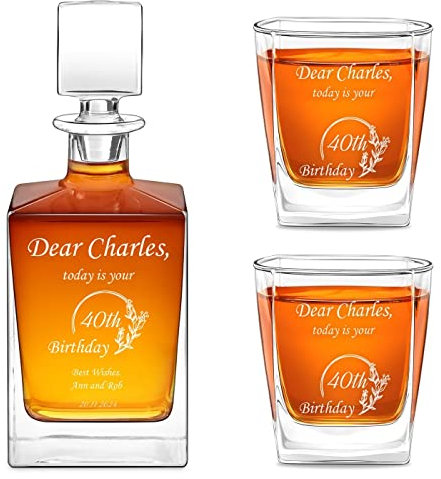 Maverton Geometric Whiskey Decanter and Glasses with Engraving - Symmetrical Carafe for him - 2/4/ 6 Customised Glasses for Man - Stylish Barware for Birthday - Whisky Set for Husband - Wishes