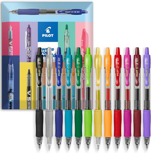 Bolígrafos Pilot G-2 de tinta de gel retráctiles - Punta de 0,7 mm - Envase de regalo en sobre - Juego de 12 - Colores esenciales
