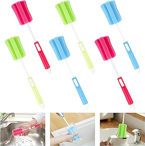 Brosse d’Éponge de Bouteille 6 Pcs Brosse de Nettoyage en Mousse Brosse à Bouteille Éponge Réglable pour Biberon Bouteille Vin Carafe Thermos Bouteille Vin (Rouge Bleu Vert)