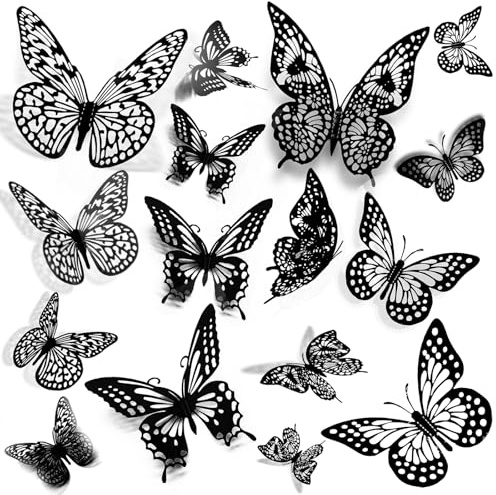 JOSDIOX 3D Black Butterfly Wall Stickers - 48 Pcs with 4 Styles & 3 Sizes, Removable Decor for Party Birthday Wedding Cake Balloon Decoration（48 Black
