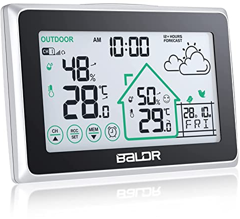 BALDR Wetterstation Funk mit Außensensor, Digital DCF-Funkuhr Innen und Außen Thermometer Hygrometer mit Wettervorhersage, Funkthermometer mit Batteriebetrieben Wetterstation