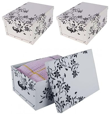 Kreher 3 Stück XL 45 Liter Deko-Kartons, Ordnungsboxen, Stapelboxen mit Deckel und Griffe, 51 x 37 x 24 cm (Barock Blume Weiß)