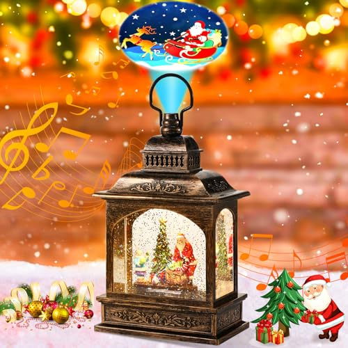 Auniq Weihnachts Schneekugel Laterne mit Projektor und Musik, Schneelaterne Vintage Weihnachten Wasser glitzernde Verschneiter Globus Nachtlicht, USB und batteriebetrieben Xmas Schneekugel Dekoration