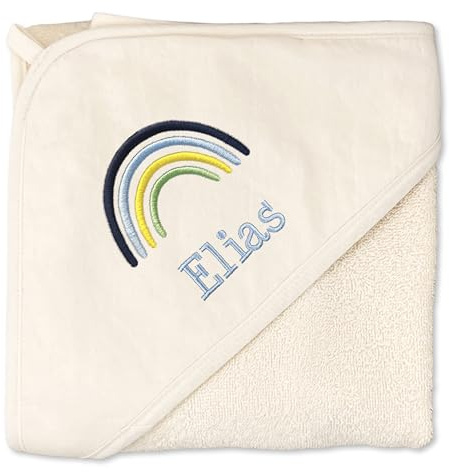 upstitch studio Baby Kapuzenhandtuch (75x75cm) Natur für Jungen mit Namen personalisiert Bestickt aus 100% Baumwolle - Babyhandtuch, Badetuch und Kinderhandtuch