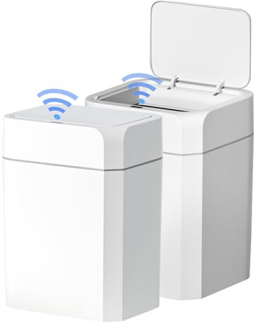 ELPHECO 2 Pack 3.5 Gallon Bathroom Trash Can with Lid Motion Sensor Slim Garbage Can Bathroom Decor Waterproof Smart Small Trash Bin for Kitchen, Office, Bedroom, Living Room, Toilet, White
