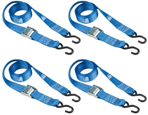 BASI Lot de 4 sangles d'arrimage avec boucle de serrage et crochet en S - Jusqu'à 125 kg - Bleu - Longueur 200 cm x largeur 2,5 cm - Sangles de fixation - Certifié TÜV - Expander avec fermeture à
