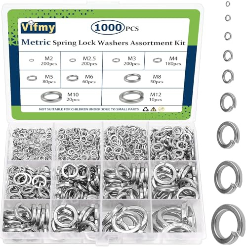 Vifmy Spring Lock Washers Assortment Kit(1000 Pack),M2 M2.5 M3 M4 M5 M6 M8 M10 M12 Metric Split Lock Washer Set,304 Stainless Steel Lock Washers for Screws Bolts