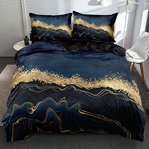 Housse de Couette 240 x 260 Marbre Bleu Foncé Noir Doré Adulte 2 Personnes Parure de lit Microfibre Ensemble Literie 240 260 Modern Linge de Lit avec Fermeture éclair et 2x 65x65cm Taies d'oreiller