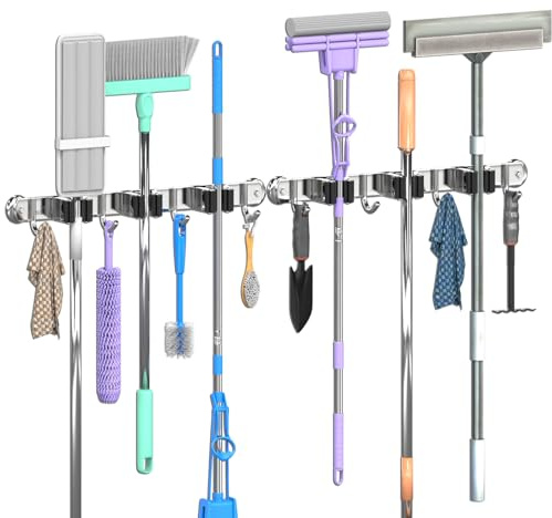 3-H Besenhalterung Wand 2 Stück,2-in-1 Dual Montage(Stabile Schraubmontage oder Wandschonende Magnetbefestigung), Edelstahl Gerätehalter Wandhalterung für Garten Garage Keller(3Halter & 4Haken,Silber)