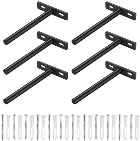 6 Pcs Soporte Estanteria Pared Flotante, Soportes para Estantes,Soporte Baldas Pared, Escuadras Estanterias, Escuadras para Estanterias Madera en T Invisibles para Estantería, Noir, 124 x 70 mm