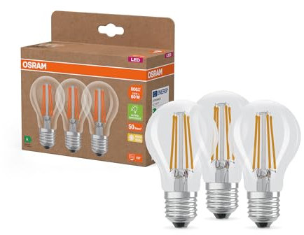 OSRAM Lampes LED haute efficacité avec classe énergétique A, pack avantage de 3 lampes, remplace les ampoules 60W classiques, forme de poire, blanc chaud (2700K), E27, verre filament