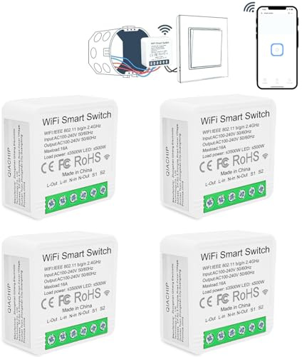 QIACHIP eWelink WLAN Schalter Alexa Smart Lichtschalter Modul,16A Mini Smart Switch WIFI,Sprachsteuerung/Timer,2.4g Kompatibel mit eWelink APP,Google Home 4 Stück