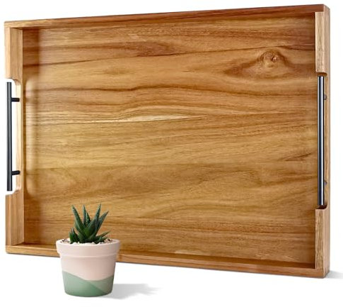 OurMiao Grand plateau de service rectangulaire en bois d'acacia avec poignées en métal pour servir les aliments, le petit-déjeuner, plateau décoratif en bois pour salon, table basse, canapé, cuisine