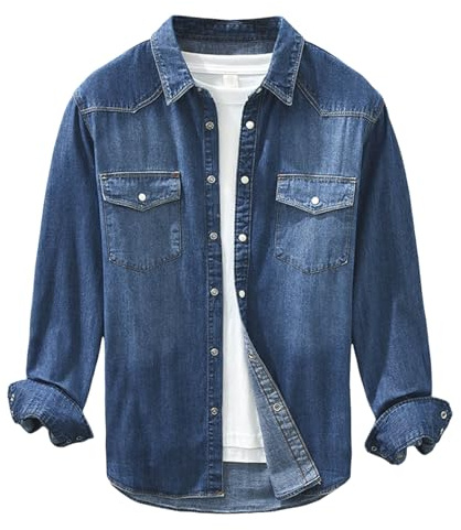 Foweknow Camicia da uomo casual, a maniche lunghe, con risvolto, vestibilità normale, per il lavoro, alla moda, casual, con tasca, comoda giacca di jeans lavata, in denim, Bu2, XXL