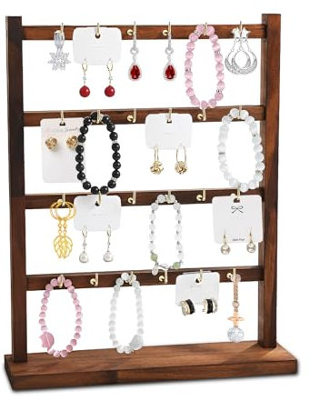 MHYMX Earring Display Stand Wooden Jewellery Display Stand 4 Tier Earring Storage Holder with 24 Hooks Jewellery Orgnisers with Tray for Earings Rings Necklaces Bracelets Keychains