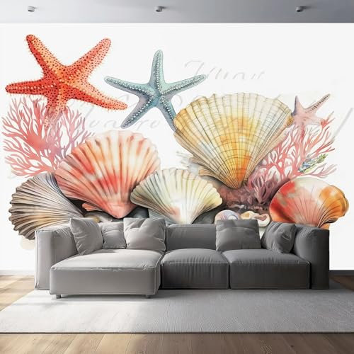 Carta da Parati Fotografica 250 x 175 cm Fotomurale Tessuto Non Tessuto Poster Design Corallo Stella Marina Conchiglie Acquerello per Bambini Soggiorno Camera da Letto Murale Decorazione, Colorato