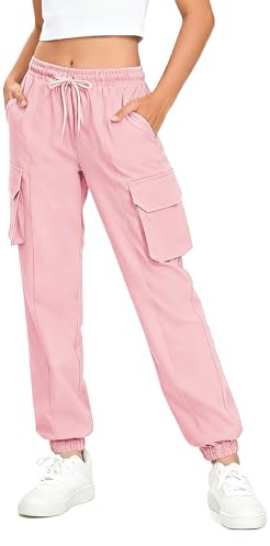 NUMYEAN Girls Cargo Pants Waterproof Joggers Hiking Pants for Teen Girls, Pink, 9-10Y