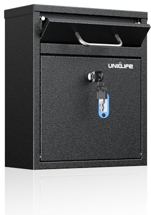 Uniclife Buzón Exterior de Pared con Candado, Buzón de Seguridad con Llave, Caja de Depósito para Correspondencia y Efectivo, Acero Resistente para Hogar u Oficina, Negro