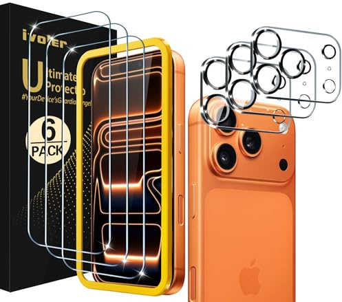 ivoler 3+3 Stück Panzer Schutz Glas für iPhone 17 Pro, 30 Sek. Installation, 3 Stücke Schutzfolie Mit 3 Stück Kameraschutz und Positionierhilfe, 9H Härte, HD Klar, Anti-Kratz, Anti-Bläschen