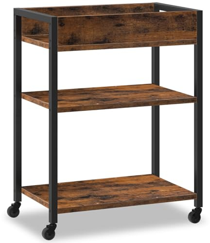 HOOBRO 3-stöckiger Servierwagen, Rollwagen mit Schutzkanten, Küchenwagen, Küchenregal, Barwagen, 64 x 40 x 85 cm, für Esszimmer, Wohnzimmer, Bars, Vintagebraun und Schwarz EBF64TC01