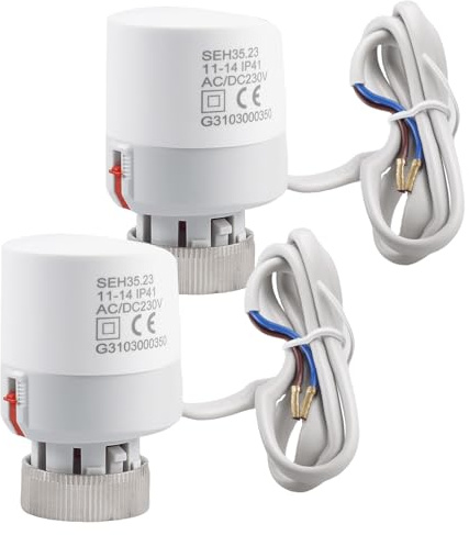 2 unidades de actuador térmico 230 V, servomotor para calefacción por suelo radiante, actuador electrotermico (normalmente cerrado), IP41, para casi cualquier distribuidor de circuitos de calefacción
