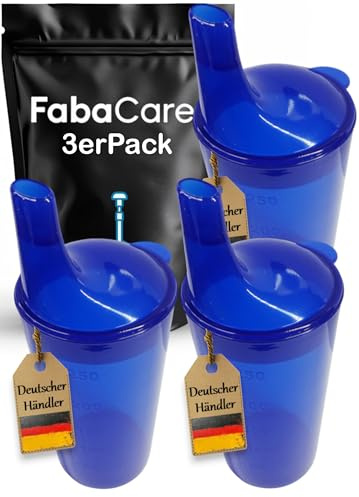 FabaCare 3x Trinkbecher jeweils zwei Deckeln, Schnabeltasse, Becher für Senioren, Easy To Clean Spezialversiegelung, Blau