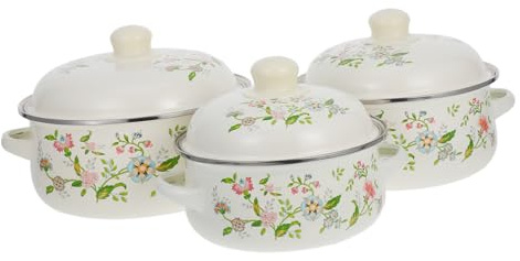 ZUNOXAZ Enamel Double Handle Stew Pot Small Saucepan Floral Enameled Steel Cookware Lid Nesting Simmer Pot for Home Cooking 3pcs Set (16-18-20cm)