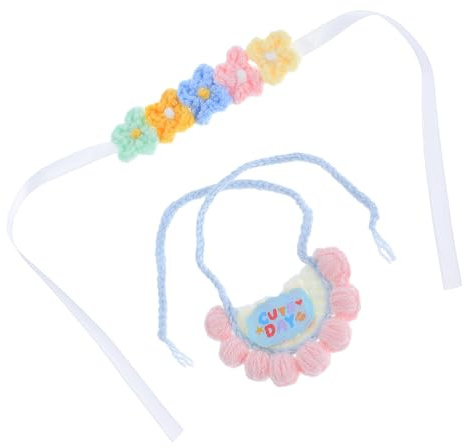 ERINGOGO Tricoté Tête de Poupée avec Bandeau Fleuri et Bavoir pour Peluches et Poupées Accessoires Décoratifs pour Jouets Peluche et Figurines de Collection