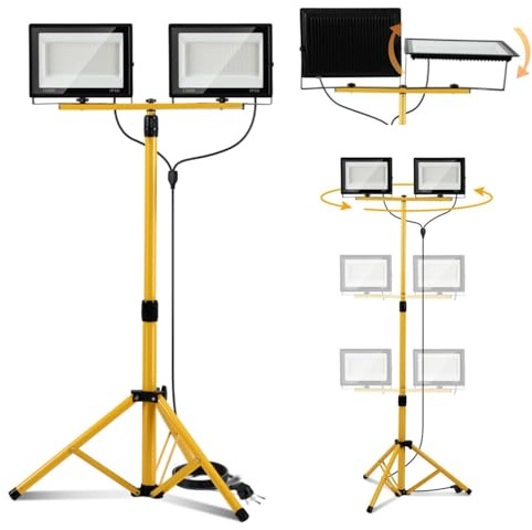 ISOISL LED Baustrahler mit Stativ, 100W 10000 lm, 160 cm, 2 Leuchten | 2 LED-Strahler, 6500 K Kaltweiß, 3 m Kabel mit EU-Stecker, 110° Abstrahlwinkel, IP66, für Baustelle und Werkstatt