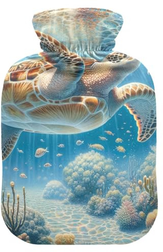 Botellas de agua caliente vintage con diseño de tortuga marina con cubierta suave, bolsa de agua caliente para compresas frías y calientes, tamaño pequeño