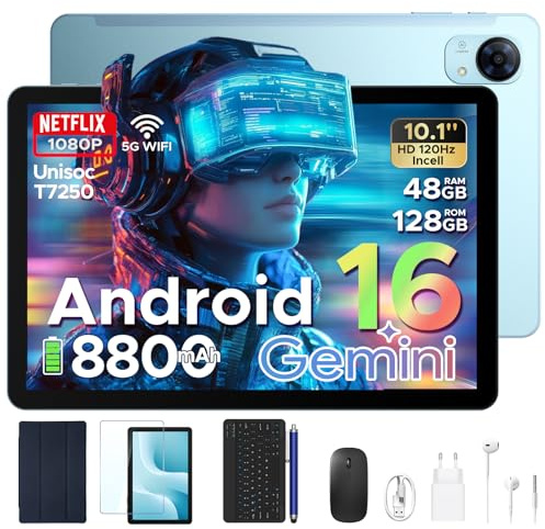 POPUX P10 Pro Tablet Android 16, 120Hz Diaplay Tablet 10 Pulgadas con 8800mAh, 48GB+128GB/2TB, T7250 Octa-Core, Tablets Android con Widevine L1, Gemini AI, 13MP+5MP, Face ID, Teclado, Lápiz, Azul