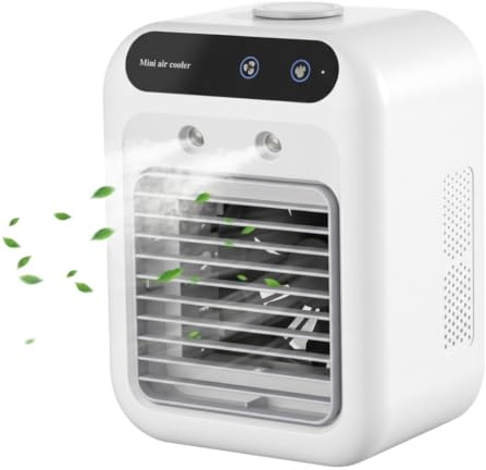 Aire acondicionado portátil recargable, mini enfriador de aire con humidificación por pulverización y temporizador de 8 horas, color blanco