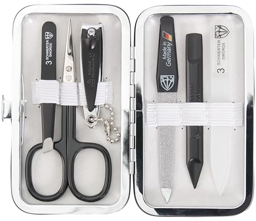 DREI SCHWERTER - Germany 6-tlg. Maniküre Set 'Catania' Nagelset mit Hautschere, Nagelknipser, Pinzette, Saphirnagelfeile, Glasnagelfeile, Nagelreiniger im Rahmenetui - weiss/schwarze Instrumente