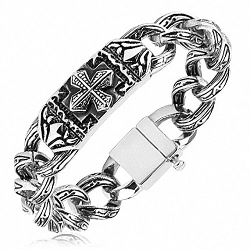 Mianova Panzer Armband Armreif Glieder Armband Armreif Massiv Panzer Edelstahl Armband Armreif Bracelet Silber mit Gothik Cross Kreuz Biker Style