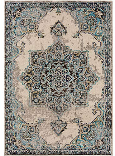 benuta Nest Tapis CASA - Fibre synthétique - Rectangulaire et Style : Vintage, Style Oriental, Shabby Chic - Facile d'entretien pour Salon, Chambre à Coucher, Beige/Turquoise, 80 x 150 cm