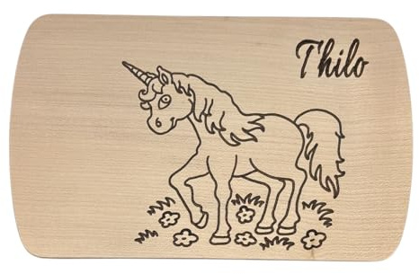 Frühstücksbrettchen Einhorn aus Naturholz – Holzbrett mit Einhornmotiv – Personalisierbar mit Namen & Gravur – für Kinder & Erwachsene