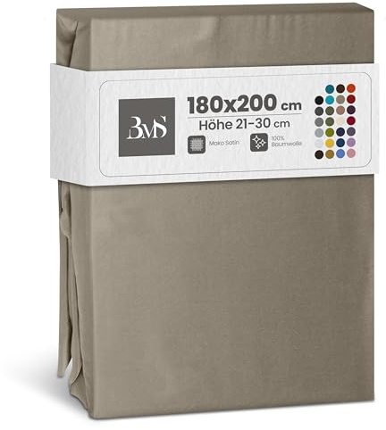 Bettwaesche-mit-Stil Mako Satin Spannbettlaken Spannlaken Spannbetttuch (180 cm x 200 cm, Matratzenhhöhe 21-30cm, Braun/Taupe)