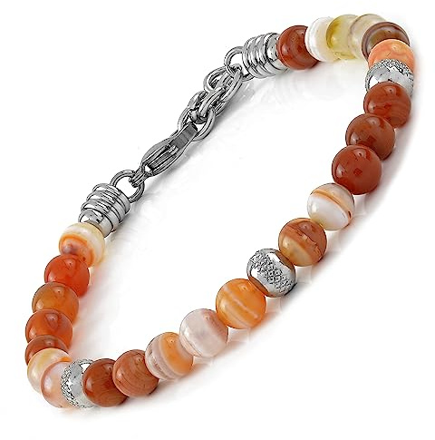 10:10 Bracciale Energetico Uomo Donna Pietra Naturale Agata Rossa 6 mm, Beads In Acciaio Inox Diamantati – Stile Casual, Minimal - Regolabile, Elegante & Resistente - Made In Italy