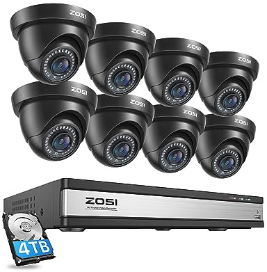 ZOSI 16CH CCTV Camera System, Human Vehicle Detect, 8Pcs 2MP Wired Camera | 4TB Hard Drive, Home Surveillance DVR, Weatherproof Outdoor Indoor Security, 1920TVL Wired CCTV Cameras, 80ft IR Night Vision