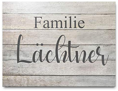 Namensschild Familie aus rustikalem Holz | Türschild personalisiert mit Namen zum Aufhängen mit Kordel, selbstklebend o. mit Bohrlöchern | Farbiger wetterfester UV Druck
